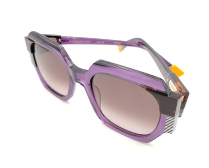 gafas de sol de forma geométrica en lila translúcido y carey con lentes degradadas marrón
