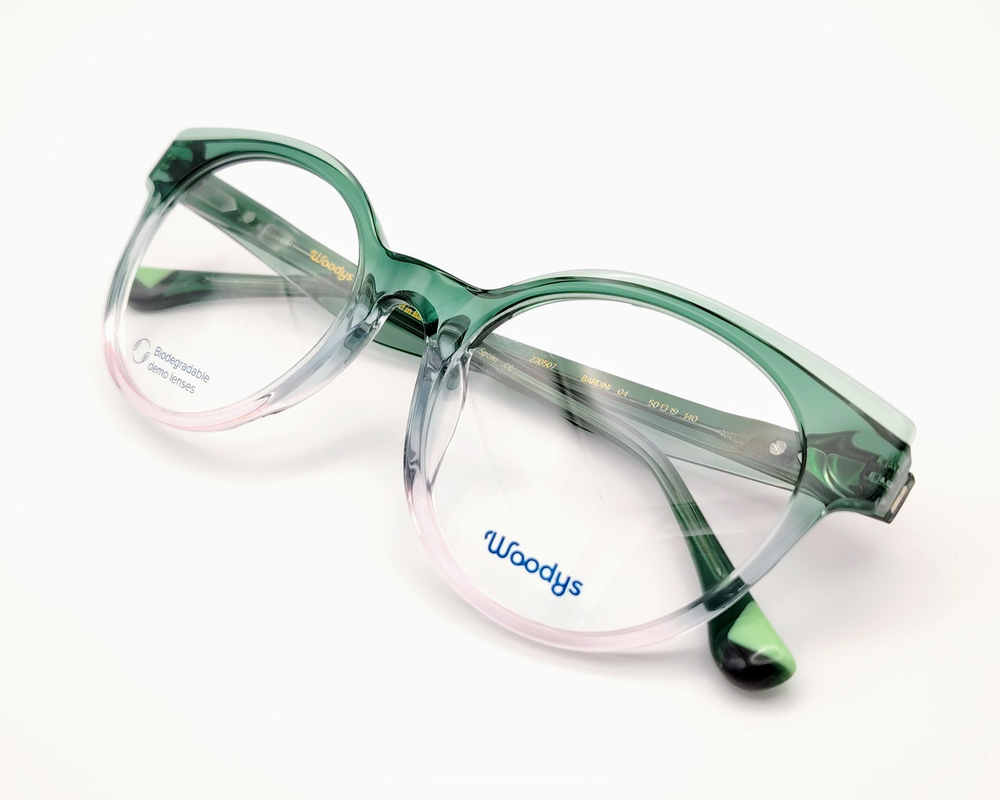 gafas graduadas woodys bardini 04 con montura de acetato bicolor degradado de verde a rosa diseño redondeado varillas a juego con el degradado ideal para un look fresco y elegante