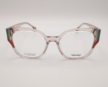 gafas graduadas woodys dagmar 04 con montura geométrica en acetato translúcido de color rosa clarito detalles en las esquinas en tonos verde y coral 