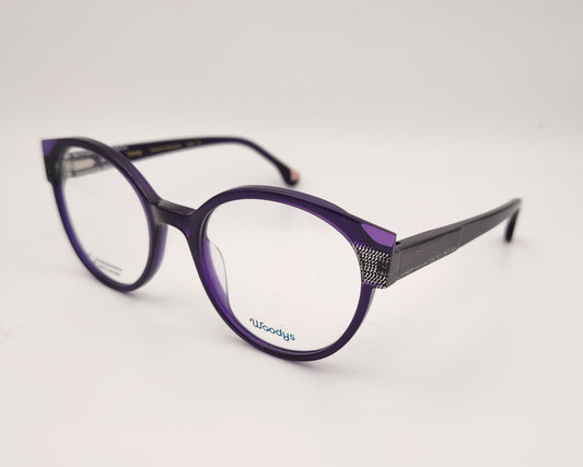 woodys daisy 01 gafas de acetato en formato redondo en color violeta con detalles en patrón negro y transparente en talones y varillas