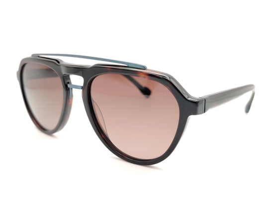 gafas de sol estilo aviador en acetato carey con lentes marrones polarizadas y detalle azul en el puente