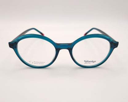 gafas graduadas woodys glis 03 con montura redonda de acetato en tono azul translúcido varillas con terminales en color rojo diseño ligero y cómodo