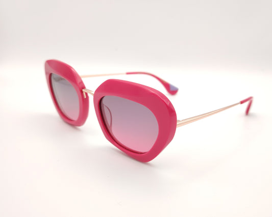 gafas de sol woodys greta 04 con montura de acetato rosa y varillas metálicas doradas diseño redondeado con lentes degradadas en tono rosa 