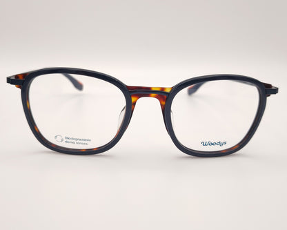 woodys karl 01 gafas de vista con montura en combinación de azul y habana diseño rectangular con bordes redondeados que aportan un toque moderno varillas metálicas finas, ideales para el día a día