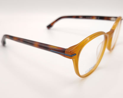 gafas graduadas woodys khun 06 con montura de acetato en tono miel diseño redondeado de inspiración vintage con detalles en azul en la bisagra varillas en habana que contrastan sutilmente con el frontal