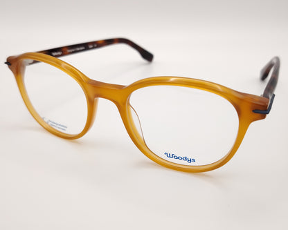 gafas graduadas woodys khun 06 con montura de acetato en tono miel diseño redondeado de inspiración vintage con detalles en azul en la bisagra varillas en habana que contrastan sutilmente con el frontal