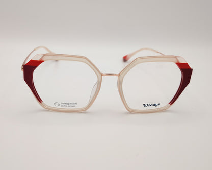 gafas graduadas woodys massena 04 con montura geométrica en metal y acetato translúcido en tono beige detalles en rojo en las esquinas varillas metálicas en color oro diseño sofisticado y ligero