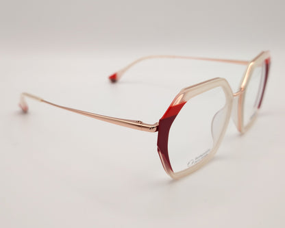 gafas graduadas woodys massena 04 con montura geométrica en metal y acetato translúcido en tono beige detalles en rojo en las esquinas varillas metálicas en color oro diseño sofisticado y ligero