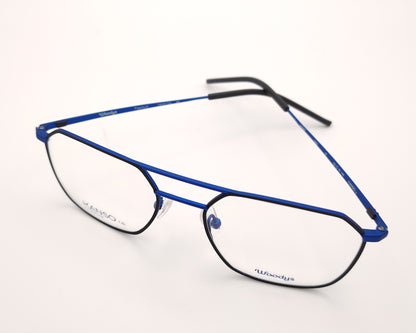 gafas graduadas geometricas oversize en titanio azul con doble puente y detalles negros