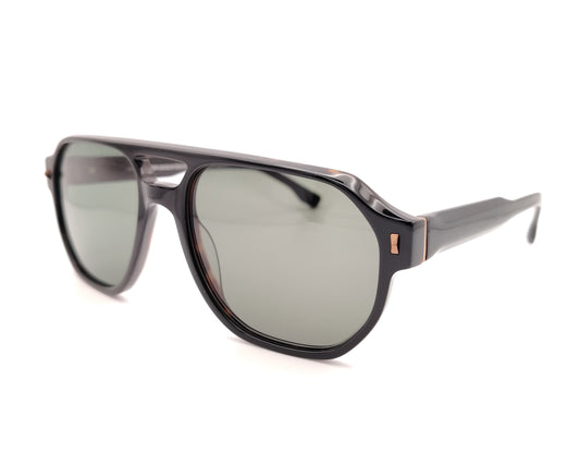 gafas de sol aviador en acetato oscuro con lentes verde gris y detalles metálicos dorados