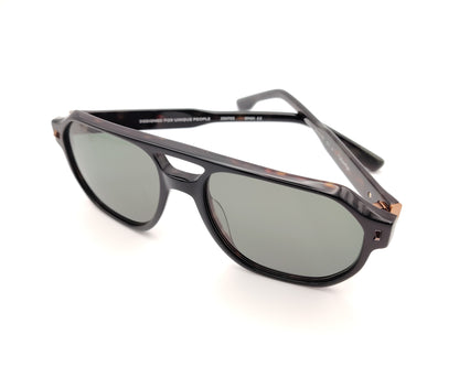 gafas de sol aviador en acetato oscuro con lentes verde gris y detalles metálicos dorados
