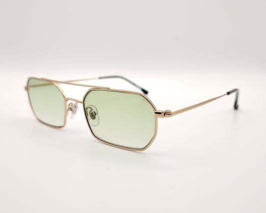 gafas de sol metalicas doradas rectangulares con doble puente y lentes fotocromaticas verdes