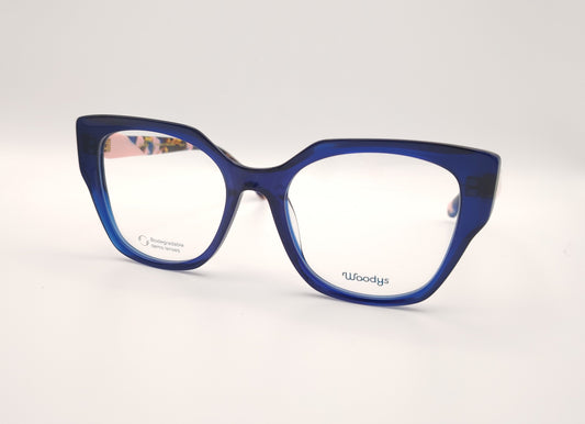 gafas de pasta con frontal azul , varillas en rosa y estampado multicolor