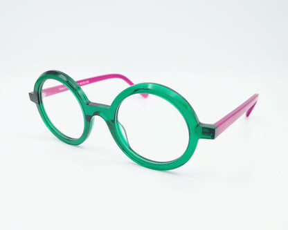 gafas graduadas xit v117 redondas con frontal verde transparente y varillas fucsia