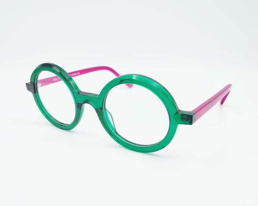 gafas graduadas xit v117 redondas con frontal verde transparente y varillas fucsia